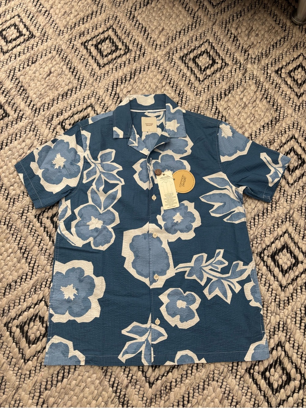 NWT Common People Men's Luxury Cotton Blue Button-Down Shirt - Short Sleeve